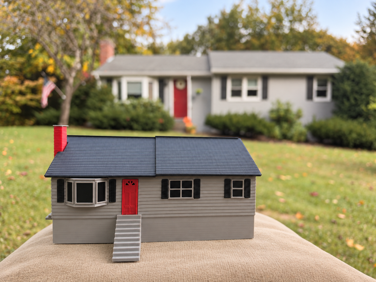 Gray printed house miniature with a red door, projecting bay window and front stairs, in front of the real house
