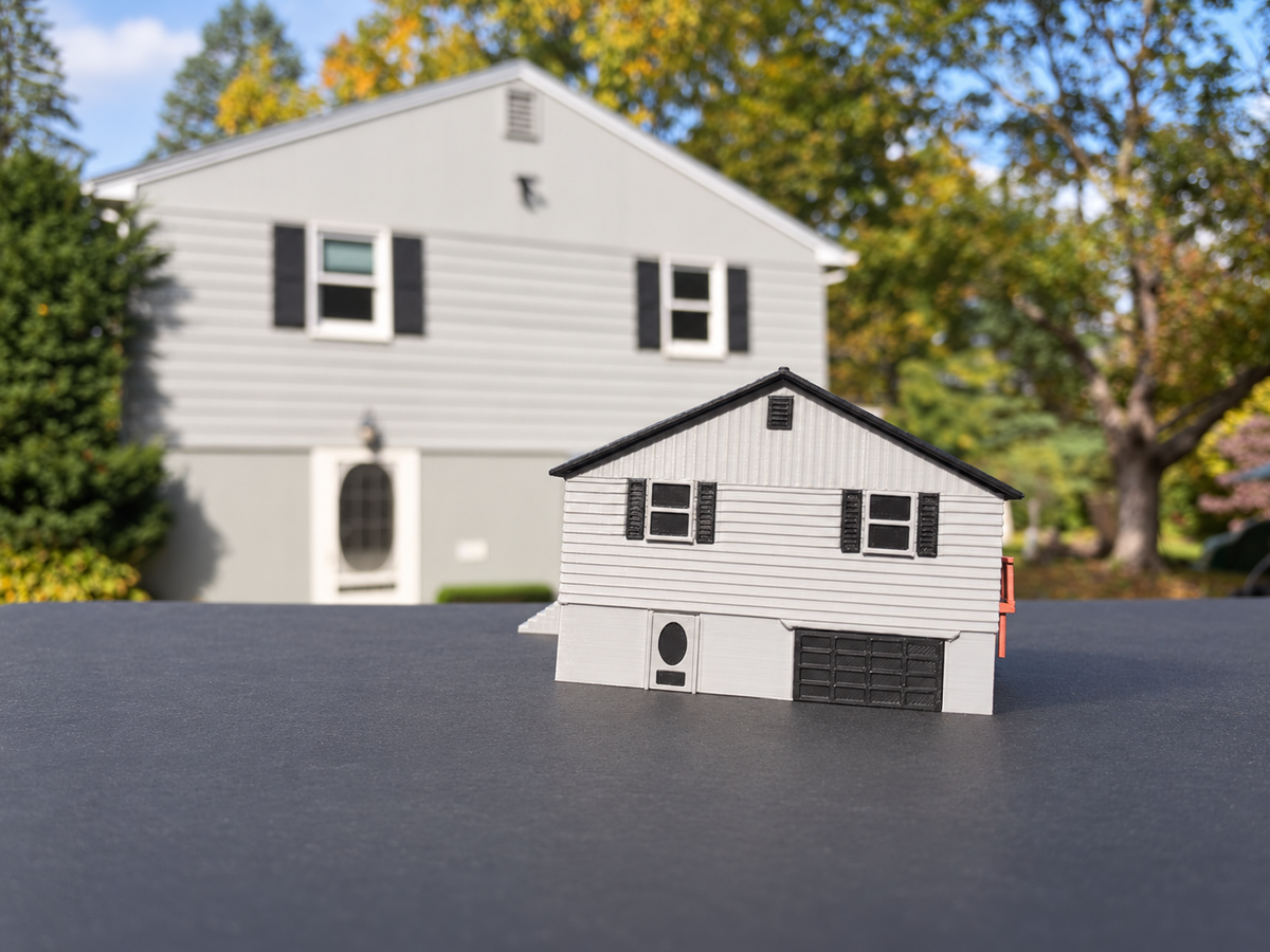 Garage-side view of the printed miniature in front of the full-size house